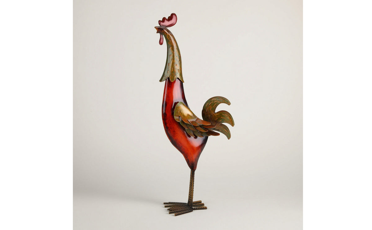 Rustic Cockerel Sculpture with Wood-Grain Look Upright Metal Cockerel Statue Shiny Metal Chicken Decor High-Quality for Gardeners