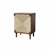 Black Finish Woven-Front Bedside Table Boho aesthetic Nightstand artisanal Design Storage Cabinet sturdy Construction for Guesthouse Owners, Homeowners, Interior Designers, Living Room, Hallway, Office, Closet