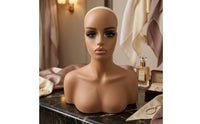 Mannequin Head with Shoulders Professional Realistic Mannequin Head Bald Display Bust for Cosplayers, Jewelers, Storefronts, Photography Studios