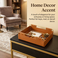 Storage Baskets for Office Desk with Rose Gold Metal Frame and Leather Base, Organizer with Built-In Handle, Decorative Wire