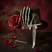 Skeleton Hand Gothic Steampunk Hat Gear Accents Gothic Top Hat Textile Rose Costume Accessory