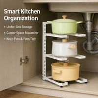 3-Tier Pot Rack, Freestanding Pan Rack for Cabinet, Cookware Organiser for Countertop, Painted Metal Kitchen Storage