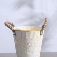 Embossed Plaque Iron Flower Pot Rope Handles Ribbed Planter Drainage Hole Container Planter Round for Home, Office