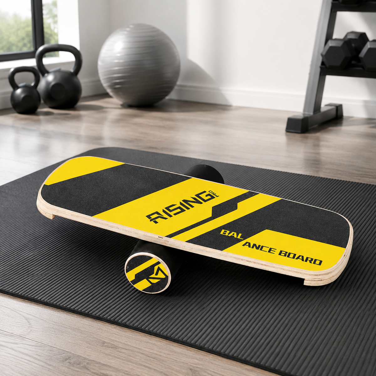 Balance Core Training Exercise Equipment, Wooden, Yellow & Black, For Kids & Adults, Indoor Play, Surfing, Ski Practice