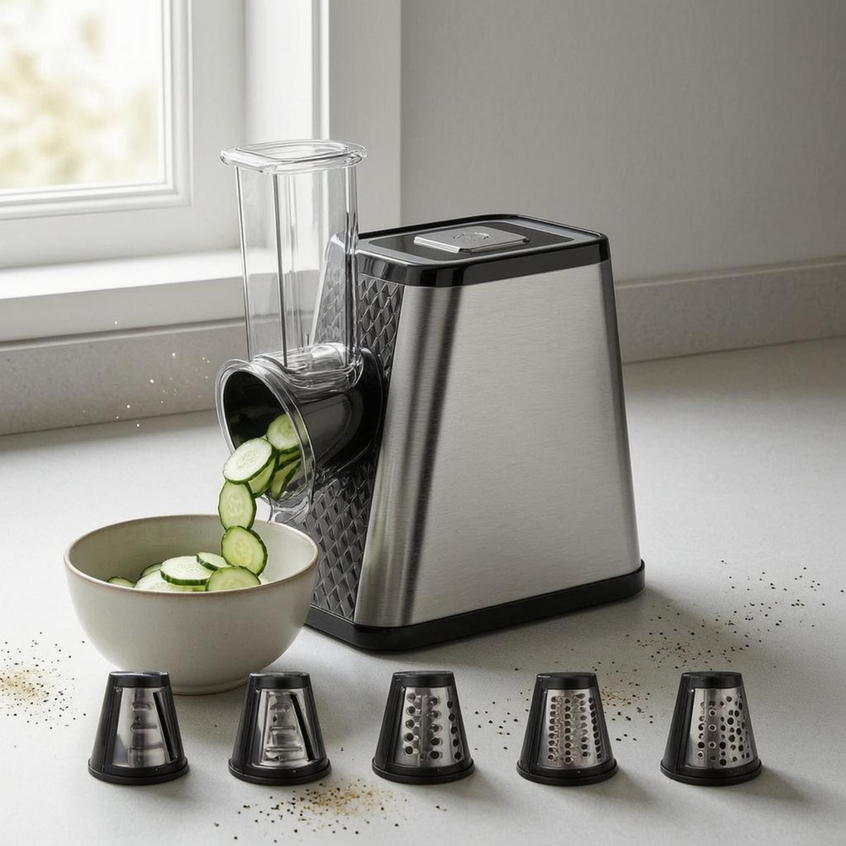 Clear Feed Tube Countertop Vegetable Cutter Brushed Silver Drum Vegetable Cutter Compact 5 Cutting Drums 220V