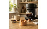 Coffee Machine Base Collection with Beech Wood Holder Integrated Stainless Funnel Cleaning Brush Measuring Scoop for Capsule Refilling Suitable for Housewarming Kitchen Countertop
