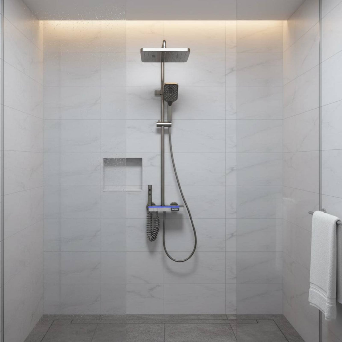 Solid Brass Valve Thermostatic Shower System Modern Design Digital Thermostatic Shower System Hydro-Powered 4-Function Push Buttons for Elderly, Kids, Hotel