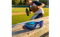 Close-Fitting Mirrored Visor Sunglasses Blue Accents Curved-Around Sports Sunglasses Lightweight Athletic Curved-Around Shades for Cycling, Training, Skating