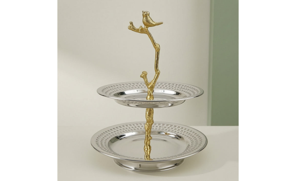 2-Tier Serving Tray Metal Fruit Basket with Stand Reflective for Tea Table