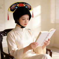 Embroidered Floral Bird Hat Velvety Ceremonial Hat Tasseled Black Headpiece