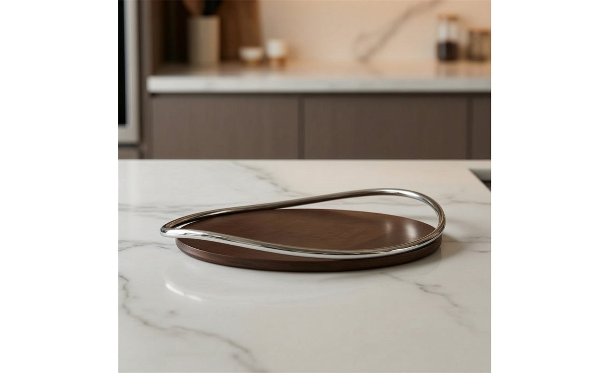 Wooden Tray with Metal Frame Contemporary Round Tray with Handle Minimalist for Coffee Table, Entryway
