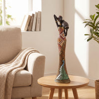 Gold-Tone African Woman Statue Tabletop African Woman Figurine Tall Figurine with Peacock Motif Artisan-Made for Living Room, Entryway, Bookshelf