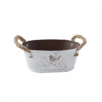 Rustic Oval Planter with Rope Handles Distressed Metal Planter with Handles Shallow Planters Tabletop for Gardeners, Windowsill