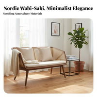 Rattan armrestrest Sofa Earthy Aesthetic look and feel Upholstered Bench with Rattan armrestrests Nordic design living Room Couch for residents, study alcove, Bedroom, Entryway