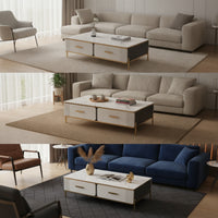Coffee Table with Drawers Gold Trim Rectangular Coffee Table Modern Furniture for Living Room, Apartment, Lounge