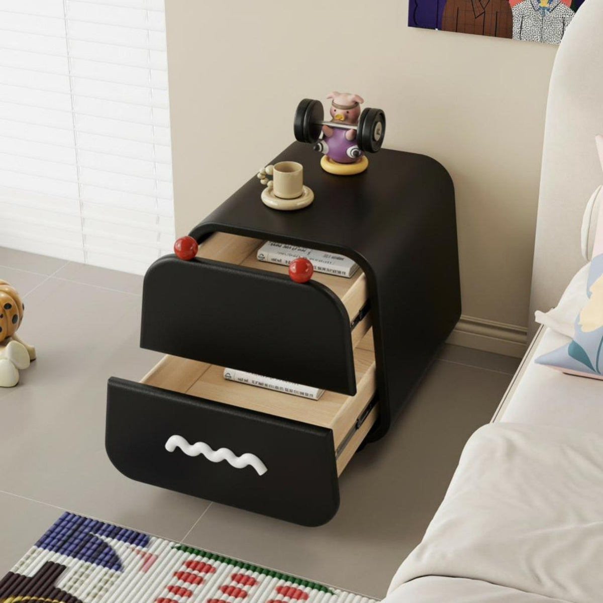 Mini Size Cartoon Bear Nightstand Space-Saving Bedside Table Rounded Corners Storage Cabinet Easy Assembly for Children, Toddlers, Parents, kid's Room, Bedroom, Nursery, Playroom