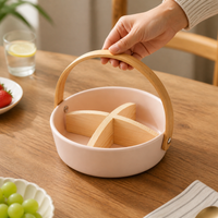 Small Ceramic Snack Serving Platter, Divided Serving Platter with Bamboo Handle, Japanese-Inspired Snack Tray for Entertaining Guests