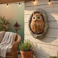 Feather-Textured Owl Wall Hanging Bark-Like Frame Resin Owl Ornament 3D Carved Details for Garden, Courtyard
