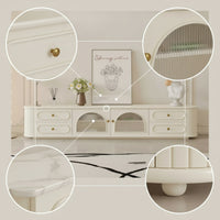 TV Cabinet with Glass Doors Cream TV Stand with Glass Doors Fluted Media Console for Living Room
