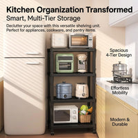 Black Shelving Unit for Kitchen, Modern Freestanding Pantry Shelving Unit with Wheels, Adjustable Storage Shelves