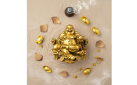 Wealth Attraction Laughing Buddha Statue Good Fortune Golden Maitreya Figurine Resin Craft Big Belly Buddha Ornament for Desktop, Living Room, Office