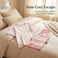 Ladies Pyjamas Set in 100% Material with Short Sleeve and Cropped Pants, Womens for Summer Loungewear, Breathable