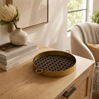 Antique Bronze Round Decorative Tray Raised Rim Woven Tray Side Handles House Decoration Geometric Pattern