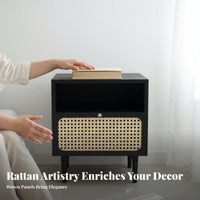 Nordic and design Rattan Drawer Cabinet Minimalist woven-rattan Drawer Side Table Woven Front Nightstand sturdy Wood Legs for Apartment Dwellers, homeowners, Students, Bedroom, Living Room, Small areas, Office