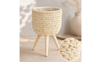 Handwoven Woven Planter with Legs Natural Three-Legged Planter Stand Boho Corn-Rope Plant Basket Handmade for Home Decorators, Living Room, Indoor Garden, Bright Corners