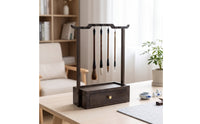 Bamboo Calligraphy Brush Rack 14-Hook Calligraphy Brush Holder with Tray Freestanding Hanging for Calligraphers
