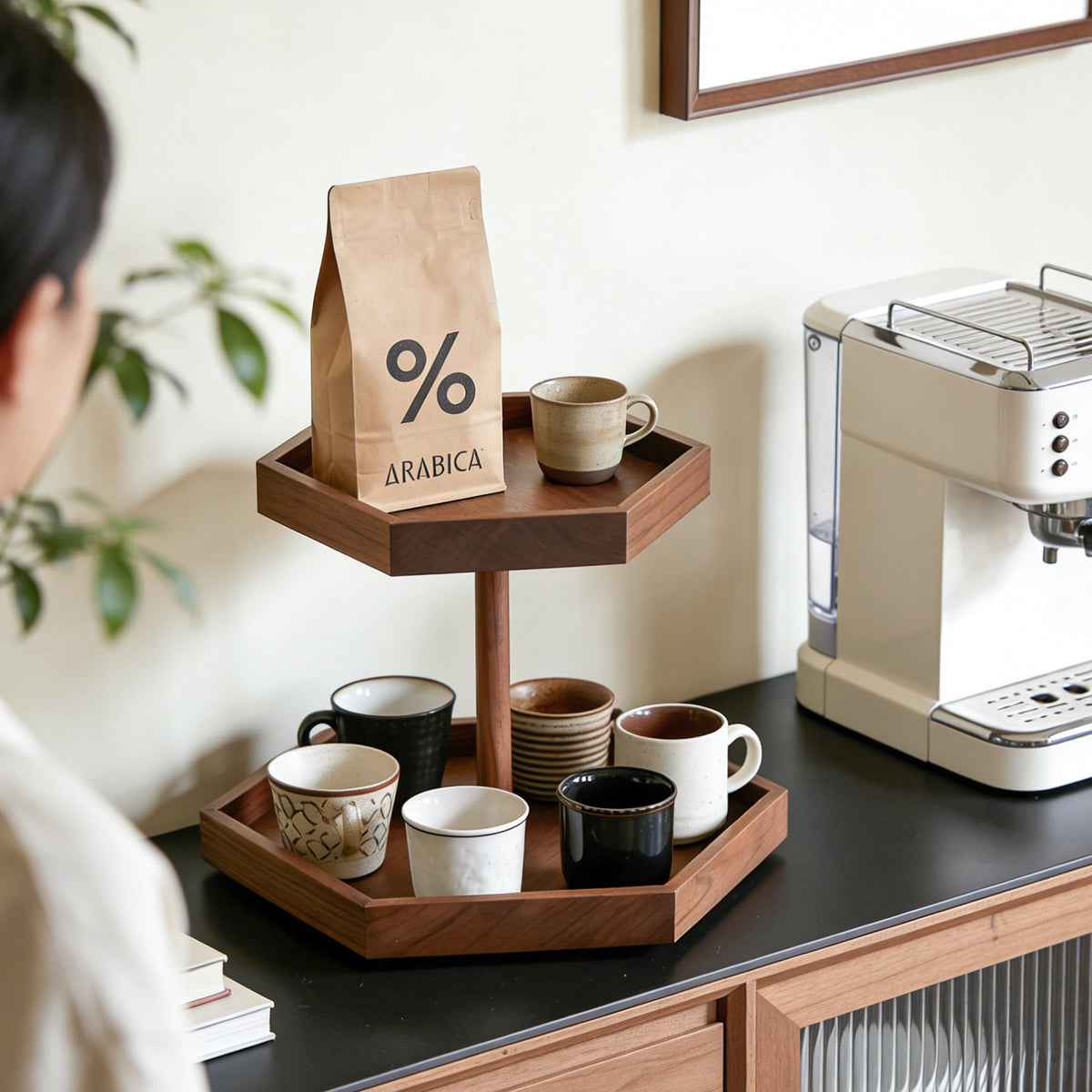 Walnut Wood Rotating Storage Rack for Cups, Cosmetics, and Tea Sets