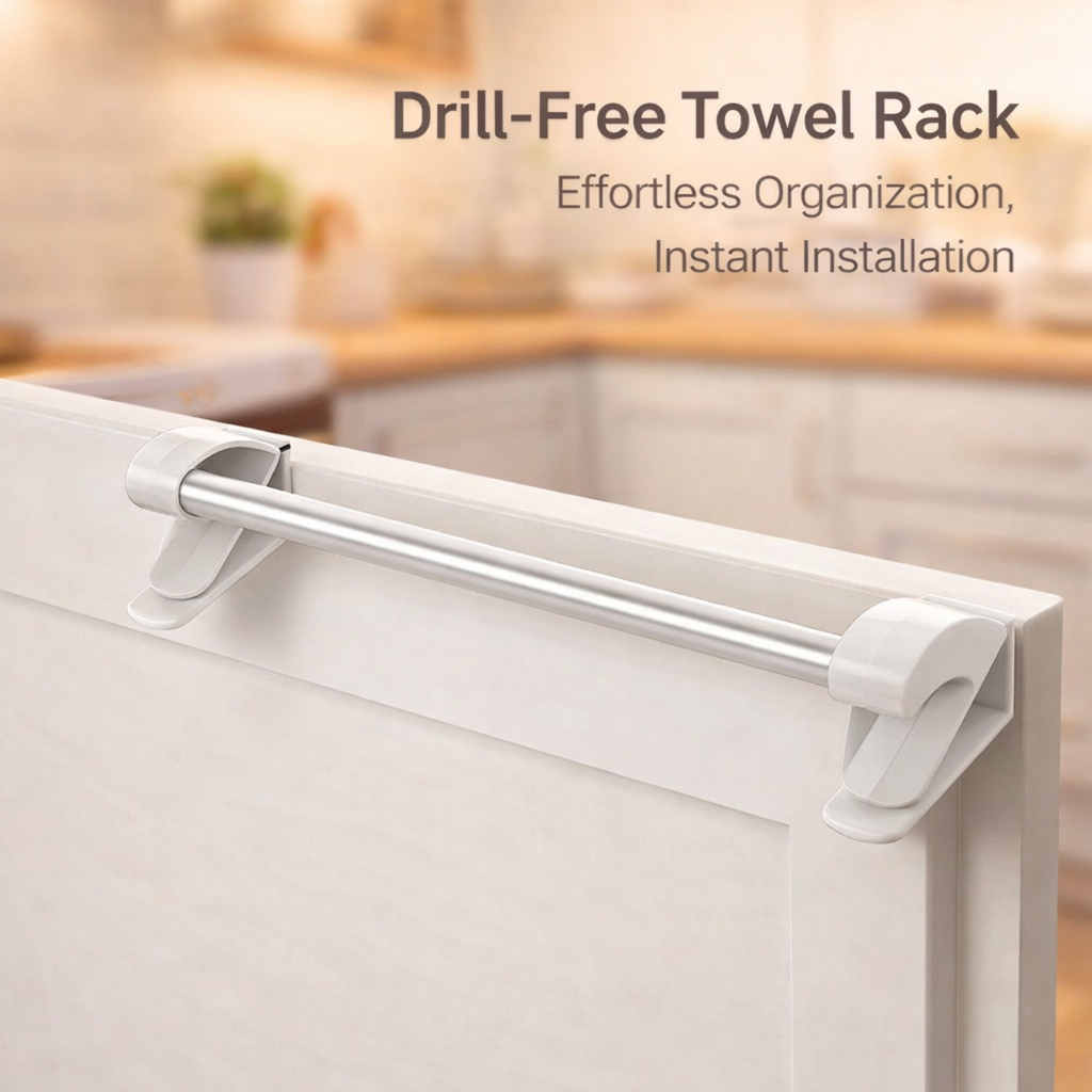 Bedroom & Kitchen Towel Rail, Stainless Steel Over the Door Bar for Students, No-Drill Hanger for Cabinet Storage, Drying Rack