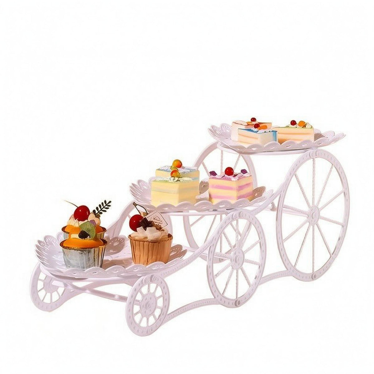 White Three-Tier Dessert Stand Scalloped Edges Dessert Display Stand Freestanding Three-Tier Serving Tray Stepped Design for Afternoon Tea