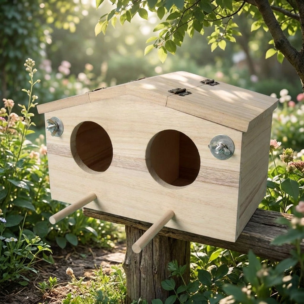 Two-Section Compartment Bird Box with Perches, Cage-Mount Hinged Roof Bird House for Wood Nesting, Space for Aviary and Small Birds