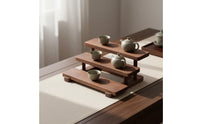 Tea Set Display Rack Tiered Design Walnut Wooden Step Shelf Handmade Desktop Organizer for Kitchen Counter, Office