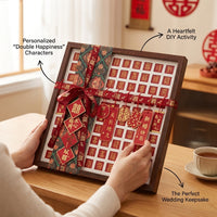 Chinese Double Happiness Wedding Calligraphy Kit, 100 Xi Character Variations DIY Handwriting Set with Pen and Practice Papers, Square Wooden Wall