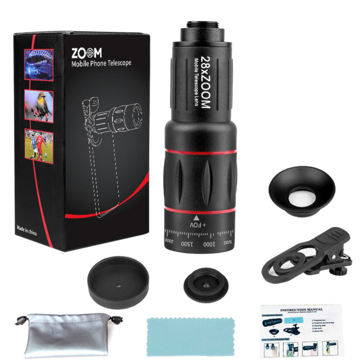 High Magnification Phone Telephoto Lens Kit Black 28x Zoom Lens Kit Red Accent Rings Mobile Accessory Portable