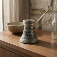 Long Handle Turkish Coffee Pot Flared Body Ibrik Coffee Brewer Metal Finish Kitchenware Silver-Toned