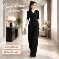 Women's Summer Travel Outfit and Airport Set, Plus Size Two-Piece with Long Pants, Slimming Shirt and with Waist Tie, Polyester Regular Sleeve Design