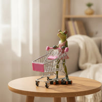 Frog Figurine with Shopping Cart Charming Miniature Shopping Cart Figurine Statue for Desk