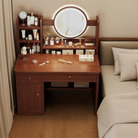 Minimalist Design Dressing Desk with Round Mirror Includes Matching Stool Vanity Set with Lighted Mirror Built-in Storage Makeup Table Rounded Corners for Women, Young Adults, Teenagers, Apartment