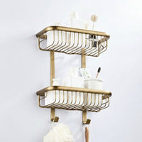 2-Tier Shelf with Hooks Vintage Wire Wall Basket Washroom Shelf with Hooks for Utility Room