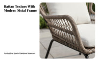 3 Pieces Handwoven 3 Piece Rattan Cafe Set Weather Resistant Rattan Wicker Balcony Furniture Tempered Glass Top Balcony Furniture Set Easy to Clean for Homeowners, Apartment Dwellers, Couples, Garden, Backyard, Porch, Poolside