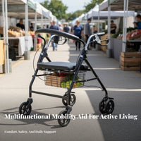 Long-Lasting Steel Frame Elderly Shopping Cart Mobility Aid Underseat Storage Walking Aid with Seat and Basket Adjustable Height 4-Wheel Mobility Aid with Seat Double Braking System for Seniors, Daily Errands, Outdoor, Outdoors, Indoors