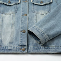 Women Oversized Denim Jacket with Frayed Edge Detail, Long Sleeve Ladies for Spring, Soft Washed Blend Finish