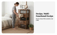 sturdy Wood Frame Narrow Woven Drawer Tower Space-Saving Narrow 4-Drawer Organizer Slim silhouette Nightstand Rustic design for Decor lovers, Apartment Dwellers, Bedroom, Living Room, Entryway, Hallway