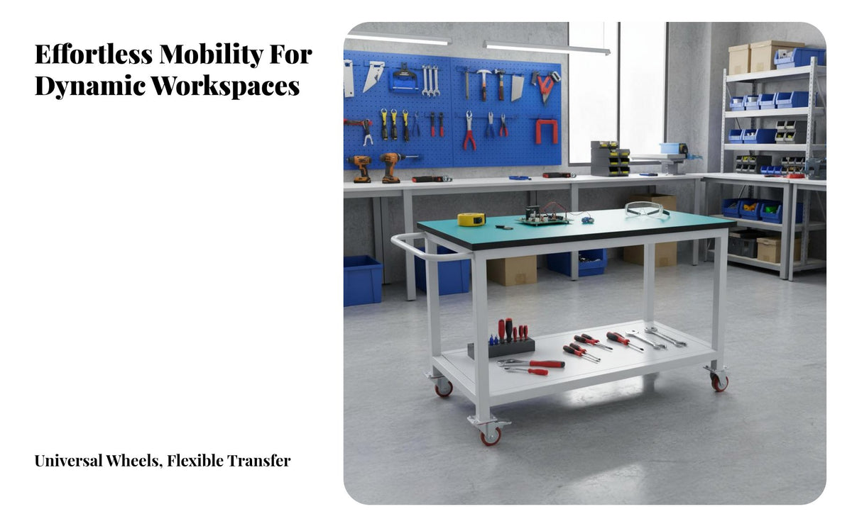 Locking Wheels Anti-Static Mobile Workbench Long-Lasting Steel Frame Mobile Work Bench Wear-Resistant Rolling Tool Cart Easy Assembly for Mechanics, Technicians, Laboratory Workers, Laboratoryoratory Oratory, Repair Shop, Warehouse, Job Sites