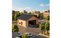 Gabled Roof Parking Garage Model Beige Log-Style Walls Miniature Parking Garage Open-Front