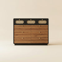 Dresser with Cane Drawers Retro Chest of Drawers with Cane Details Sturdy Wood Dresser with Knobs for Bedroom, Living Room, Hallway