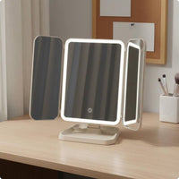 Rechargeable Tri-Fold Makeup Mirror Magnification LED Vanity Mirror Rotatable Beauty Accessory Storage Base for Dorm Room